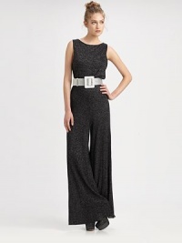 Glittering, stretch-fit lurex in a shapely wide-leg silhouette, cinched at the waist by a wide metallic belt.BoatneckSleevelessCenter back zipperAbout 53 from shoulder to hem80% viscose/11% polyester/9% polyamideDry cleanImported of Italian fabricModel shown is 5'11 (180cm) wearing US size 4. Glittering, stretch-fit lurex in a shapely wide-leg silhouette, cinched at the waist by a wide metallic belt.BoatneckSleevelessCenter back zipperAbout 53 from shoulder to hem80% viscose/11% polyester/9% polyamideDry cleanImported of Italian fabricModel shown is 5'11 (180cm) wearing US size 4.