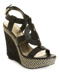 Cover all your fashion bases with the smoldering Dailona sandals by GUESS. The strappy leather upper and intricately covered wedge heel make for a versatile warm-weather must-have. Cover all your fashion bases with the smoldering Dailona sandals by GUESS. The strappy leather upper and intricately covered wedge heel make for a versatile warm-weather must-have.