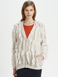 Allover fringe adds an unexpected touch to this lengthy, wool-rich topper with slash pockets and ribbed trim. V-neckButton frontLong sleevesSlash pocketsRibbed cuffs and hemLonger length hits below the hips55% wool/45% polyamideDry cleanImported of Italian fabricModel shown is 5'10 (177cm) wearing US size Small. Allover fringe adds an unexpected touch to this lengthy, wool-rich topper with slash pockets and ribbed trim. V-neckButton frontLong sleevesSlash pocketsRibbed cuffs and hemLonger length hits below the hips55% wool/45% polyamideDry cleanImported of Italian fabricModel shown is 5'10 (177cm) wearing US size Small.