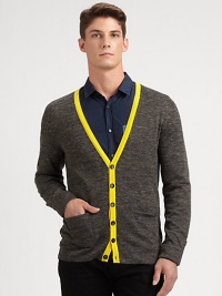 An electrifying pop of color trims and defines a layering classic, neatly woven in a luxurious blend of acrylic, wool and linen.Button-frontRibbed knit cuffs and hemWaist patch pockets40% acrylic/29% wool/18% linen/13% alpacaMachine washImported An electrifying pop of color trims and defines a layering classic, neatly woven in a luxurious blend of acrylic, wool and linen.Button-frontRibbed knit cuffs and hemWaist patch pockets40% acrylic/29% wool/18% linen/13% alpacaMachine washImported