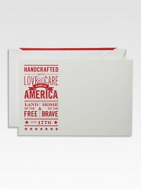 To America, with love. Nostalgia in the form of patriotic posters with iconic typography graces this set of 10 flat cards.Set of 10 cards and envelopesApprox. 4¼ X 6 Made in USA To America, with love. Nostalgia in the form of patriotic posters with iconic typography graces this set of 10 flat cards.Set of 10 cards and envelopesApprox. 4¼ X 6 Made in USA