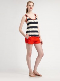 Nautical stripes are layered over a refreshing print making this tank top a must-have this season.U-necklineSleevelessAllover stripes and printContrast trimPull-on styleAbout 26 from shoulder to hem60% cotton/40% polyester; rayon trimMachine washImported Model shown is 5'10 (177cm) wearing US size Small. 