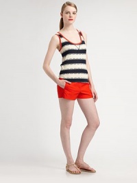 Nautical stripes are layered over a refreshing print making this tank top a must-have this season.U-necklineSleevelessAllover stripes and printContrast trimPull-on styleAbout 26 from shoulder to hem60% cotton/40% polyester; rayon trimMachine washImported Model shown is 5'10 (177cm) wearing US size Small. Nautical stripes are layered over a refreshing print making this tank top a must-have this season.U-necklineSleevelessAllover stripes and printContrast trimPull-on styleAbout 26 from shoulder to hem60% cotton/40% polyester; rayon trimMachine washImported Model shown is 5'10 (177cm) wearing US size Small.