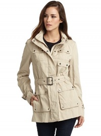THE LOOKTailored from lightweight taffetaZip-out hoodStand collarConcealed snap and zip frontFive button flap pocketsRemovable buckled beltLong sleeves with belted cuffsCenter back ventZip-out padded liningTHE FITAbout 27 from shoulder to hemTHE MATERIALPolyester/cotton/metallicLining: polyester/cottonCARE & ORIGINMachine washImportedModel shown is 5'10 (177cm) wearing US size Small. THE LOOKTailored from lightweight taffetaZip-out hoodStand collarConcealed snap and zip frontFive button flap pocketsRemovable buckled beltLong sleeves with belted cuffsCenter back ventZip-out padded liningTHE FITAbout 27 from shoulder to hemTHE MATERIALPolyester/cotton/metallicLining: polyester/cottonCARE & ORIGINMachine washImportedModel shown is 5'10 (177cm) wearing US size Small.
