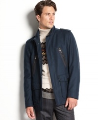 Epaulets, utility pockets, and crisp lines of an officer's jacket tailored with the craftsmanship that makes Hugo Boss's BOSS Black line so different from ordinary sportswear. Epaulets, utility pockets, and crisp lines of an officer's jacket tailored with the craftsmanship that makes Hugo Boss's BOSS Black line so different from ordinary sportswear.