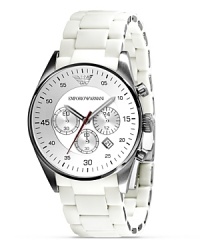 From Emporio Armani, a white chronograph watch with round dial and three eyes. White ceramic strap, sweep secondhand. From Emporio Armani, a white chronograph watch with round dial and three eyes. White ceramic strap, sweep secondhand.