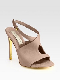 Wide, overlapping straps in shimmering faux metallic leather, finished with a skinny heel and quilted footbed. Self-covered heel, 4½ (115mm)Faux metallic leather and leather upperPadded insoleMade in ItalyOUR FIT MODEL RECOMMENDS ordering one size up as this style runs small. Wide, overlapping straps in shimmering faux metallic leather, finished with a skinny heel and quilted footbed. Self-covered heel, 4½ (115mm)Faux metallic leather and leather upperPadded insoleMade in ItalyOUR FIT MODEL RECOMMENDS ordering one size up as this style runs small.
