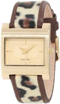 Nine West Women's NW/1354CHBN Rectangle Gold-Tone Leopard Print Strap Watch