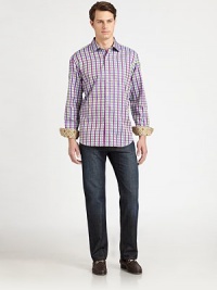 This colorful plaid design has contrast trim on the turn-back cuffs for an unexpected update.Point collar Button front Long sleeves with button cuffsCottonDry cleanImported This colorful plaid design has contrast trim on the turn-back cuffs for an unexpected update.Point collar Button front Long sleeves with button cuffsCottonDry cleanImported