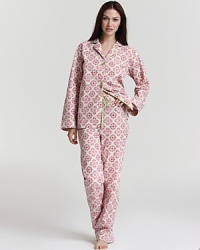 A classic pajama set gets an exotic update with Moroccan tile-inspired print. A classic pajama set gets an exotic update with Moroccan tile-inspired print.