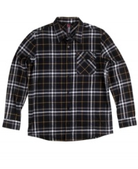 This Metal Mulisha flannel has a classic plaid shirt look in the front, and modern edge in the back. This Metal Mulisha flannel has a classic plaid shirt look in the front, and modern edge in the back.