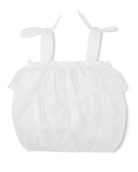 A relaxed bubble silhouette is crafted from airy woven cotton with sweet eyelet trim and tied straps for a decidedly girlie look. A relaxed bubble silhouette is crafted from airy woven cotton with sweet eyelet trim and tied straps for a decidedly girlie look.