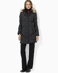 A cold-weather essential is crafted in sleek quilted microfiber, filled for warmth and finished with chic detachable faux-fur trim. A cold-weather essential is crafted in sleek quilted microfiber, filled for warmth and finished with chic detachable faux-fur trim.