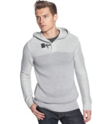 Top me over your a shirt or under a jacket with this pullover hooded merino sweater by Calvin Klein. Top me over your a shirt or under a jacket with this pullover hooded merino sweater by Calvin Klein.
