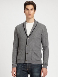 An effortless blend of a wardrobe classic with a contemporary edge, wonderfully shaped in a textured, knit cotton with contrast piping along the collar and placket.Button-frontShawl collarWaist patch pocketsRibbed knit cuffs and hemCottonHand washImported An effortless blend of a wardrobe classic with a contemporary edge, wonderfully shaped in a textured, knit cotton with contrast piping along the collar and placket.Button-frontShawl collarWaist patch pocketsRibbed knit cuffs and hemCottonHand washImported