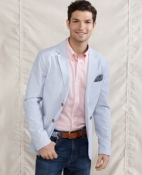 Button up your seasonal preppy look with this striped blazer from Tommy Hilfiger. Button up your seasonal preppy look with this striped blazer from Tommy Hilfiger.