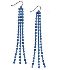 Feeling the blue. This pair of earrings from Bar III features tiny blue accents in a postmodern pattern for a touch of understated elegance. Approximate drop: 4 inches. Feeling the blue. This pair of earrings from Bar III features tiny blue accents in a postmodern pattern for a touch of understated elegance. Approximate drop: 4 inches.