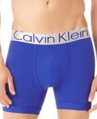 A not-so-basic basic: Calvin Klein puts the brand's high-style spin on boxer briefs by adding bright microfiber and a metallic waistband. A not-so-basic basic: Calvin Klein puts the brand's high-style spin on boxer briefs by adding bright microfiber and a metallic waistband.
