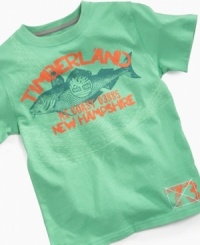On the hook. Reel in a fun, casual style for him with this graphic t-shirt from Timberland. On the hook. Reel in a fun, casual style for him with this graphic t-shirt from Timberland.