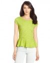 Vince Camuto Women's Cap Sleeve Peplum Lace Top, Bright Palm, Medium