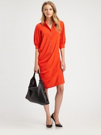 Ultra-light silk shirtdress has three-quarter bishop sleeves, flattering asymmetrical draping and a hint of stretch. Button frontThree-quarter bishop sleevesButtoned cuffsAbout 31 from natural waist94% silk/6% spandexDry cleanImportedModel shown is 5'10 (177cm) wearing US size 2. Ultra-light silk shirtdress has three-quarter bishop sleeves, flattering asymmetrical draping and a hint of stretch. Button frontThree-quarter bishop sleevesButtoned cuffsAbout 31 from natural waist94% silk/6% spandexDry cleanImportedModel shown is 5'10 (177cm) wearing US size 2.