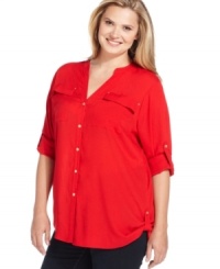 Sport a causally chic look with Calvin Klein's plus size utility top-- dress it up with trousers or down with denim. Sport a causally chic look with Calvin Klein's plus size utility top-- dress it up with trousers or down with denim.