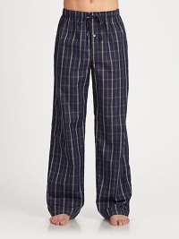 Woven pant features classic styling and modern, eye-catching check pattern.Elastic drawstring waistInseam, about 32CottonMachine washImported Woven pant features classic styling and modern, eye-catching check pattern.Elastic drawstring waistInseam, about 32CottonMachine washImported