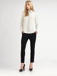 This woven classic, in a slim-fit cigarette cut, adds an effortless air of sophistication. Banded waist with belt loopsFront zip with tab closureSide seam pocketsSlim, cropped legBack dartsBack button flap pocketsRise, about 8Inseam, about 29WoolDry cleanImportedModel shown is 5'10 (177cm) wearing US size 4. This woven classic, in a slim-fit cigarette cut, adds an effortless air of sophistication. Banded waist with belt loopsFront zip with tab closureSide seam pocketsSlim, cropped legBack dartsBack button flap pocketsRise, about 8Inseam, about 29WoolDry cleanImportedModel shown is 5'10 (177cm) wearing US size 4.