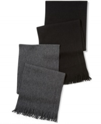 Sometimes simple says it best: Classic, solid scarf in fine-gauge virgin wool knit from Hugo Boss. Sometimes simple says it best: Classic, solid scarf in fine-gauge virgin wool knit from Hugo Boss.