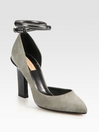 A metallic leather adjustable and detachable ankle strap tops this this low-cut point toe design of soft suede. Stacked monolith heel, 3¾ (95mm)Suede and metallic leather upperPoint toeLeather lining and solePadded insoleMade in ItalyOUR FIT MODEL RECOMMENDS ordering one half size up as this style runs small. A metallic leather adjustable and detachable ankle strap tops this this low-cut point toe design of soft suede. Stacked monolith heel, 3¾ (95mm)Suede and metallic leather upperPoint toeLeather lining and solePadded insoleMade in ItalyOUR FIT MODEL RECOMMENDS ordering one half size up as this style runs small.
