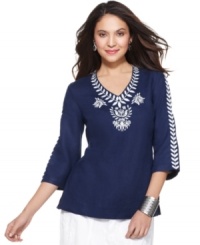Beach-inspired style comes alive in this tunic from JM Collection. Crafted from linen and featuring embroidery at the neckline and sleeves, you'll want to pack away this breezy basic for your next vacation! Beach-inspired style comes alive in this tunic from JM Collection. Crafted from linen and featuring embroidery at the neckline and sleeves, you'll want to pack away this breezy basic for your next vacation!