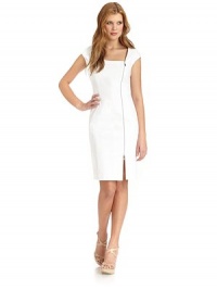 THE LOOKRibbed designSquare neckline with notch collarOffset front zip closureCap sleevesBust and back dartsPrincess seamsVented hemTHE FITAbout 37 from shoulder to hemTHE MATERIAL96% cotton/4% spandexFully linedCARE & ORIGINDry cleanImportedModel shown is 5'9 (175cm) wearing US size 4. THE LOOKRibbed designSquare neckline with notch collarOffset front zip closureCap sleevesBust and back dartsPrincess seamsVented hemTHE FITAbout 37 from shoulder to hemTHE MATERIAL96% cotton/4% spandexFully linedCARE & ORIGINDry cleanImportedModel shown is 5'9 (175cm) wearing US size 4.