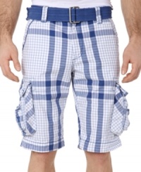 Check it out! Get standout style, constant comfort and convenience with these plaid cargo shorts from Buffalo David Bitton. Check it out! Get standout style, constant comfort and convenience with these plaid cargo shorts from Buffalo David Bitton.