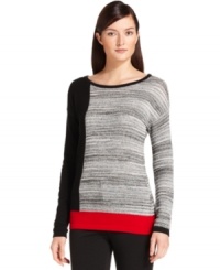 Colorblocked and marled, Calvin Klein's sweater is design for a striking effect. Colorblocked and marled, Calvin Klein's sweater is design for a striking effect.