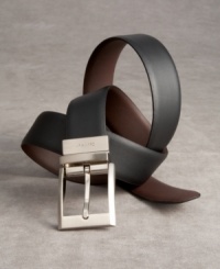 Sleek, smooth and ready for anything, this matte leather belt reverses from brown to black to do double duty in your wardrobe. Its refined metal hardware makes it suitable to wear with a business suit, while the modern shape dresses up dark denim. Sleek, smooth and ready for anything, this matte leather belt reverses from brown to black to do double duty in your wardrobe. Its refined metal hardware makes it suitable to wear with a business suit, while the modern shape dresses up dark denim.