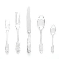 This majestic and elegant flatware features a lattice of intricate designs based on a 16th century style of fabric, set into sterling silver. This majestic and elegant flatware features a lattice of intricate designs based on a 16th century style of fabric, set into sterling silver.