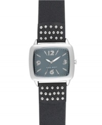 Liven up your look with this studded watch from Nine West. Crafted of black leather strap with stud detail and rectangular silver tone mixed metal case. Gray dial features silver tone numerals at three, six, nine and twelve o'clock, applied stick indices, minute track, luminous hour and minute hands, sweeping second hand and logo at six o'clock. Quartz movement. Limited lifetime warranty. Liven up your look with this studded watch from Nine West. Crafted of black leather strap with stud detail and rectangular silver tone mixed metal case. Gray dial features silver tone numerals at three, six, nine and twelve o'clock, applied stick indices, minute track, luminous hour and minute hands, sweeping second hand and logo at six o'clock. Quartz movement. Limited lifetime warranty.