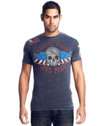 Rock some style with an edge wearing this skull-and-flag t-shirt from Affliction. Rock some style with an edge wearing this skull-and-flag t-shirt from Affliction.