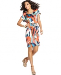 A bold print in vibrant colors creates a zing when shaped into a sheath dress from Cha Cha Vente! A bold print in vibrant colors creates a zing when shaped into a sheath dress from Cha Cha Vente!