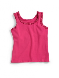 THE LOOKFitted stretch fabricTank stylingSleevelessRuffled ribbon trim at neck and armholesLined bodiceTHE MATERIAL95% cotton/5% spandexCARE & ORIGINMachine washImported THE LOOKFitted stretch fabricTank stylingSleevelessRuffled ribbon trim at neck and armholesLined bodiceTHE MATERIAL95% cotton/5% spandexCARE & ORIGINMachine washImported
