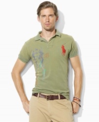 Crafted in a trim, modern fit from breathable cotton mesh, a short-sleeved polo shirt gets a bold update with an expedition-inspired graphic print. Crafted in a trim, modern fit from breathable cotton mesh, a short-sleeved polo shirt gets a bold update with an expedition-inspired graphic print.