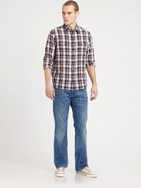 A fresh and modern update to the original Bootcut, slightly slimmer throughout the leg, for a more masculine feel.Five-pocket styleInseam, about 34CottonMachine washMade in USA A fresh and modern update to the original Bootcut, slightly slimmer throughout the leg, for a more masculine feel.Five-pocket styleInseam, about 34CottonMachine washMade in USA