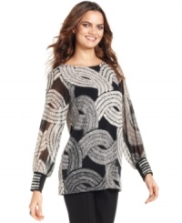 A swirling print and sheer sleeves with beaded cuffs make this Alfani blouse look especially chic. A swirling print and sheer sleeves with beaded cuffs make this Alfani blouse look especially chic.