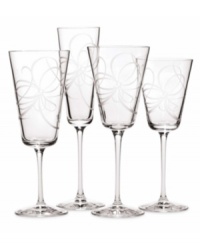 A series of etched, looping ribbons set on sleekly-shaped stemware brings style and sophistication to any affair. Flute shown 2nd from left. A series of etched, looping ribbons set on sleekly-shaped stemware brings style and sophistication to any affair. Flute shown 2nd from left.