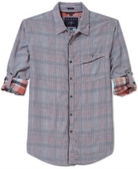 Your favorite plaid shirt, one-upped. With an interior plaid and a slim fit, this Guess shirt nails it. Your favorite plaid shirt, one-upped. With an interior plaid and a slim fit, this Guess shirt nails it.