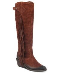 Strikingly tall. Carlos by Carlos Santana's Ringo western boots have fringe detail all along the sides and buckle detail at tippy top of the shaft.