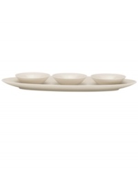 A modern balance. Create a sense of effortless urban luxury with the Matte & Shine hors d'ouvres tray, featuring three minimalist dip bowls, a tan glaze and tonal banding by Donna Karan Lenox. A modern balance. Create a sense of effortless urban luxury with the Matte & Shine hors d'ouvres tray, featuring three minimalist dip bowls, a tan glaze and tonal banding by Donna Karan Lenox.