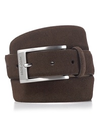 Softer textures for your casual look, this handsome belt is crafted in suede and accented polished silvertone hardware. Softer textures for your casual look, this handsome belt is crafted in suede and accented polished silvertone hardware.