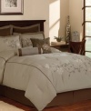 Floral simplicity. Delicate flower embroidery and cord details embellish enticing tan and brown hues in the Rosewater comforter set. Coordinating shams, bedskirt and decorative pillows tie together this classic look inspired by nature.