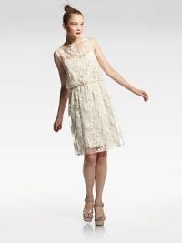 Sheer lace overlay adds a feminine nuance to this shapely blouson sheath.BoatneckSleevelessBlouson bodiceElastic waistSlip liningKeyhole back overlayCenter back zipperAbout 22 from natural waistSelf; 50% cotton/50% nylonLining; 93% silk/7% spandexDry cleanImportedModel shown is 5'10 (177cm) wearing US size Small. Sheer lace overlay adds a feminine nuance to this shapely blouson sheath.BoatneckSleevelessBlouson bodiceElastic waistSlip liningKeyhole back overlayCenter back zipperAbout 22 from natural waistSelf; 50% cotton/50% nylonLining; 93% silk/7% spandexDry cleanImportedModel shown is 5'10 (177cm) wearing US size Small.